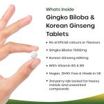 Ginkgo Biloba and Korean Ginseng Tablets - 7000mg Ginkgo Biloba Herbal Supplements & 600mg Panax Ginseng High Strength Ginseng Extract - Enriched with Vitamin B3 & B5-360 Vegan Tablets