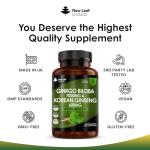 Ginkgo Biloba and Korean Ginseng Tablets - 7000mg Ginkgo Biloba Herbal Supplements & 600mg Panax Ginseng High Strength Ginseng Extract - Enriched with Vitamin B3 & B5-360 Vegan Tablets