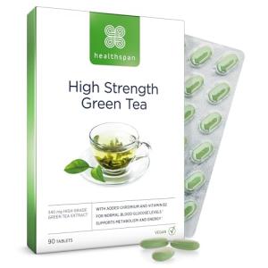 Healthspan High Strength Green Tea (90 Tablets) | with Chromium & Vitamin B2 to Maintain Normal Blood Glucose Levels | Protect Cells from Oxidative Stress | Vegan