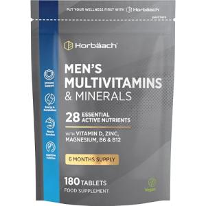 Multivitamin Tablets for Men | 180 Count | 28 Essential Nutrients | with Zinc, Magnesium, Vitamin D3, B12 and More! | Vegan Supplement | by Horbaach
