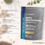 Multivitamin Tablets for Men | 180 Count | 28 Essential Nutrients | with Zinc, Magnesium, Vitamin D3, B12 and More! | Vegan Supplement | by Horbaach