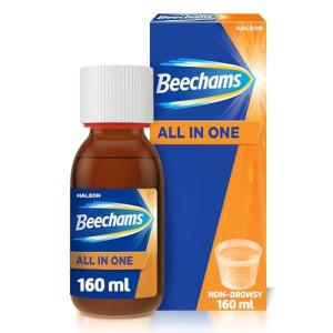 Beechams Cold and Flu Liquid, Sore Throat Relief & Cough Medicine for Adults with Paracetamol, All in One Liquid, 160 ml