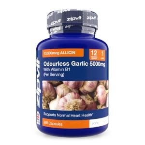 Zipvit Odourless Garlic Capsules 5000mg with Vitamin B1, Supports Heart Health, 10mg 500:1 Garlic Extract, 360 Capsules, 12 Months Supply,