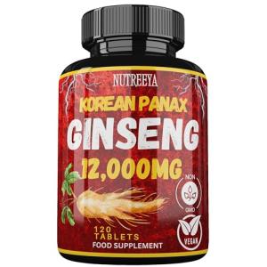Korean Panax Ginseng Extract, 12,000mg Strength, 120 Vegan Tablets, Standardized and Concentrated 50X Root Extract Ginseng Supplement Non-GMO