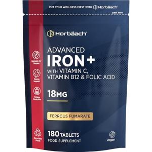Iron Tablets High Strength 18mg | Energy Tablets with Vitamin C, B12 & Folic Acid | 180 Count | 6 Months Supply & Vegan | Ferrous Fumarate Supplement for Men & Women | by Horbaach