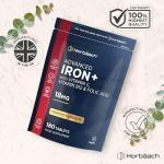 Iron Tablets High Strength 18mg | Energy Tablets with Vitamin C, B12 & Folic Acid | 180 Count | 6 Months Supply & Vegan | Ferrous Fumarate Supplement for Men & Women | by Horbaach