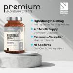 VitaBright Magnesium Citrate Capsules 1480mg | 444mg Elemental Mg | 4 Months | High Strength Magnesium Supplements for Women & Men | Mag Citrate Powder in Capsules (Not Tablets)