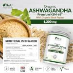 Organic Ashwagandha KSM-66® 1200mg - 5% Withanolides - 180 Vegan Capsules - High Strength Ashwaganda with Black Pepper - Soil Association Certified - Made in The UK - Nu U Nutrition