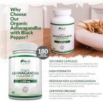 Organic Ashwagandha KSM-66® 1200mg - 5% Withanolides - 180 Vegan Capsules - High Strength Ashwaganda with Black Pepper - Soil Association Certified - Made in The UK - Nu U Nutrition