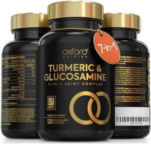 7-in-1 Turmeric and Black Pepper Capsules w/Glucosamine and Chondroitin High Strength | Made in The UK | High Absorption Tumeric Supplement | Glucosamine Sulphate & Turmeric Tablets | 120 Capsules