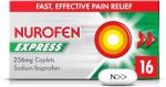 Nurofen Express Sodium Ibuprofen Caplets 256mg, 16 Count - Fast-Acting Relief for Period Pain, Headaches, Migraines, Cold & Flu Symptoms