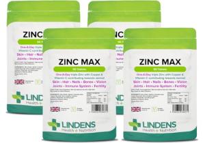 Lindens Zinc Max Tablets - 360 Pack - (90 Pack x4) Triple Zinc with Copper and Vitamin C - Immune System, Bones, Vision, Hair, Nails, and Skin - UK Manufacturer
