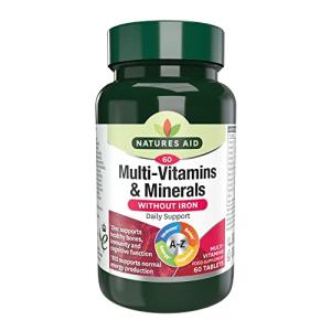 Natures Aid Multivitamins & Minerals Without Iron - High Strength One-a-Day Multi-Vitamin Formula - Supports Immune System, Energy, Brain and Bone Health - Vegan, Gluten-Free, Non-GMO - 60 Tablets