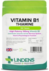 Lindens Vitamin B1 Thiamine Tablets - 100 Pack - for Heart, Immune and Psychological Function & Energy Release - UK Manufacturer, Letterbox Friendly