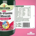 Natures Aid Multivitamins & Minerals Without Iron - High Strength One-a-Day Multi-Vitamin Formula - Supports Immune System, Energy, Brain and Bone Health - Vegan, Gluten-Free, Non-GMO - 60 Tablets