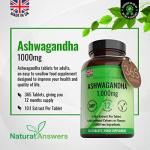 Natural Answers 365 x Ashwagandha 1000mg Per Tablet | 1 Year Supply of High Strength Vegan Tablets (Not Capsules or Pills) of Pure Powder UK Made Anxiety Relief