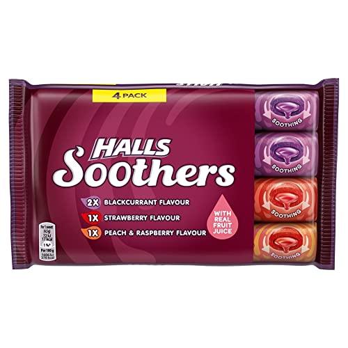 Halls Soothers Assorted 4 Pack, Includes 2 x Blackcurrant, 1 x Peach & Raspberry & 1 x Strawberry, Made with Real Fruit Juice, Multipack
