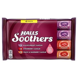 Halls Soothers Assorted 4 Pack, Includes 2 x Blackcurrant, 1 x Peach & Raspberry & 1 x Strawberry, Made with Real Fruit Juice, Multipack
