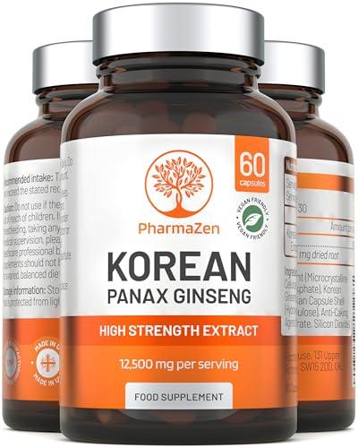 Korean Ginseng Tablets 12500mg - Panax Red Ginseng Extract High Strength - 60 Capsules - Premium Ginseng Root Standardised Ginsenosides - Natural Herbal Supplements for Men & Women - Made in The UK