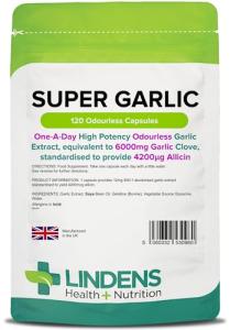 Lindens - Super Garlic 6000mg High Strength - 120 '1-A-Day' Capsules - UK Made - High Potency Odourless Garlic Extract - Equivalent to 6000mg Garlic Clove, Standardised to Provide 4200μg Allicin.