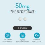 Zinc Supplements with Copper | 50mg Daily | 400 Zinc Tablets | 6+ Months | Zn Bisglycinate for Men & Women | High Absorption, High Strength Zink and Copper Supplement | Made in UK | VitaBright