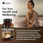 Lions Mane Mushroom 2000mg - 180 High Strength Vegan Tablets - Lion's Supplement with Black Pepper - Mushrooms Extract (Not Powder or Capsules) Made in The UK by New Leaf products