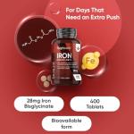 Iron Supplements for Women & Men - 28mg - 400 Tablets (6+ Months Supply) - Highly Bioavailable Ferrous Bisglycinate Form - Non-GMO & Vegan Iron Tablets High Strength - Gentle Formulation