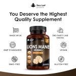 Lions Mane Mushroom 2000mg - 180 High Strength Vegan Tablets - Lion's Supplement with Black Pepper - Mushrooms Extract (Not Powder or Capsules) Made in The UK by New Leaf products