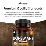 Lions Mane Mushroom 2000mg - 180 High Strength Vegan Tablets - Lion's Supplement with Black Pepper - Mushrooms Extract (Not Powder or Capsules) Made in The UK by New Leaf products