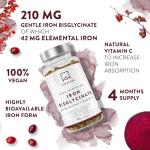 Gentle Iron Supplements for Women and Men - 42 mg Iron Tablets high Strength with Natural Vitamin C - Active Form - bisglycinate - Fatigue Supplements with high bioavailability - 120 Capsules
