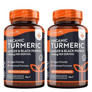Nutravita Organic Turmeric 1440mg with Black Pepper & Ginger (2 Packs of 180)- 360 Vegan Turmeric Capsules (6 Month Supply) – High Strength Organic Turmeric with Active Ingredient Curcumin - UK Made