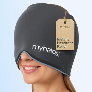 MyHalos® Migraine Relief Cap - Wearable Ice Pack Cold Wrap Hat -Reusable Cold Therapy Headache Cap & Migraine Cap, for Tension Headache Relief & Sinus Pressure - Form-Fitting Head Compress (Gray)