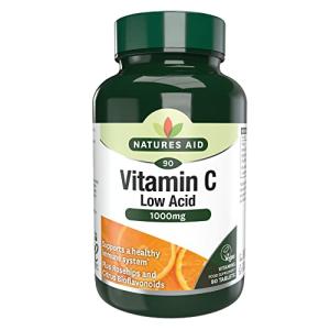 Natures Aid Low Acid Vitamin C 1000mg – High Strength Immune Support, Antioxidant Protection – Gentle on Stomach – Supports Collagen, Skin, Energy & Iron Absorption – Vegan - 90 Tablets