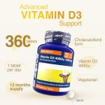 Zipvit Vitamin D3 4000 IU, 360 Maximum Strength Vitamin D Tablets, 12 Months Supply, Vegetarian, 1 a Day, VIT D3 As Cholecalciferol, Supports Bones Muscles, Immune System