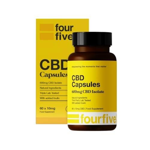 fourfive CBD Capsules 600mg (High Strength) Unflavoured, Muscle & Sleep Aid, Natural & Vegan Friendly - 60 Capsules