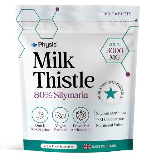 Physis Milk Thistle High Strength Food Supplement | 80% Silymarin | Milk Thistle Seeds | 180 x Tablets | Vegan Food Supplement | Made in Britain