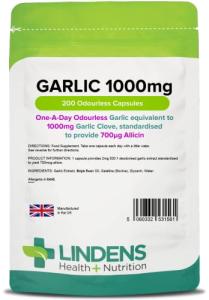 Lindens - Garlic 1000mg - 200 Odourless Capsules - UK Made - One-A-Day - Standardised to Provide 700mcg Allicin (Equivalent to 1000mg Fresh Garlic) - 6+ Months Supply - GMP & Letterbox Friendly