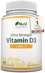Nu U Nutrition - Vitamin D 4000IU - 365 Softgel Capsules not Tablets - 1 Year Supply - Quadruple Strength - Easy to Swallow - Cholecalciferol Form Vitamin D3 Supplement - Made in The UK