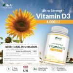 Nu U Nutrition - Vitamin D 4000IU - 365 Softgel Capsules not Tablets - 1 Year Supply - Quadruple Strength - Easy to Swallow - Cholecalciferol Form Vitamin D3 Supplement - Made in The UK