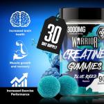Warrior Creatine Gummies for Men & Women Vegan & Sugar-Free 30 Day Supply Post Workout Chewable Creatine Monohydrate Supplement for Muscle Strength Performance - Blue Razz