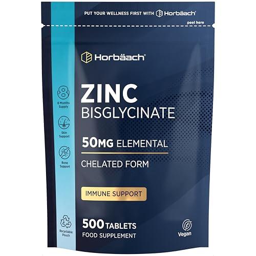 Zinc Tablets 50mg | High Absorption Zinc Bisglycinate | Chelated Form | Immunity Support Supplements | 500 Vegan Tablets | by Horbaach