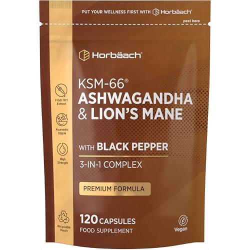 Ashwagandha KSM-66 and Lion's Mane 2500mg Capsules | KSM-66 Ashwagandha Root Extract & Lion's Mane Mushroom Extract, Enhanced with Black Pepper | 120 Vegan Capsules | Horbaach
