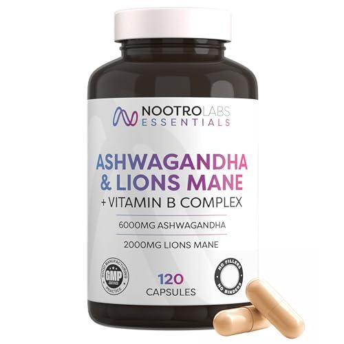 Nootro Essentials Ashwagandha & Lion's Mane Capsules 6000mg, High Strength Mushroom Supplement for Focus, Calm & Stress Relief Support (60 Servings - 2 Capsules Daily)