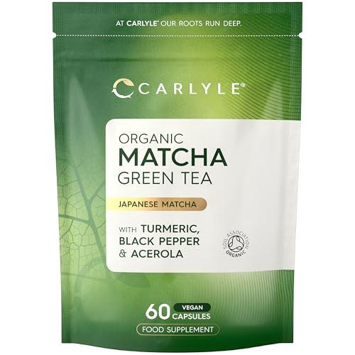 Organic Matcha Green Tea Extract 2210mg | 60 Vegan Capsules | Japanese Matcha Green Tea Extract Boosted with Turmeric, Acerola & Black Pepper | High Strength Complex | by Carlyle