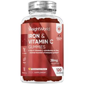 Iron Gummies with Vitamin C - 38mg per Serving - 120 Gummies - 2 Months Supply - Natural Peach Flavour - 2 per Day - Ferrous Fumarate Form - Vegan & Gluten-Free - Iron Supplements for Women & Men