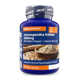 Zipvit Ashwagandha KSM 66 2000 mg with Vitamin B6, B5 & Black Pepper, High Strength Ashwagandha Root Extract, 60 Vegan Capsules, 2 Months Supply