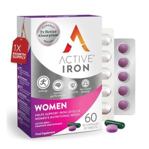 Active Iron Supplement 17 mg + Multivitamin for Women – Clinically Proven to Increase Energy & Reduce Tiredness – Gentle, Non-Constipating Iron + Women’s Multivitamin – 30 Capsules + 30 Tablets