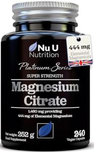 Magnesium Citrate 1480mg - 240 Vegan Capsules - 4 Month Supply - Providing 444mg Elemental Mag - Capsules not Tablets - High Strength Supplement - Made in The UK - Nu U Nutrition