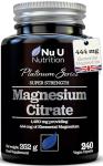 Magnesium Citrate 1480mg - 240 Vegan Capsules - 4 Month Supply - Providing 444mg Elemental Mag - Capsules not Tablets - High Strength Supplement - Made in The UK - Nu U Nutrition