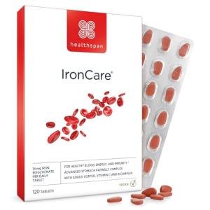 Healthspan IronCare (120 Tablets) | for Healthy Blood, Energy & Immunity | 14mg Iron | Stomach Friendly Complex | Added B Vitamins | Easy-Swallow | Vegan